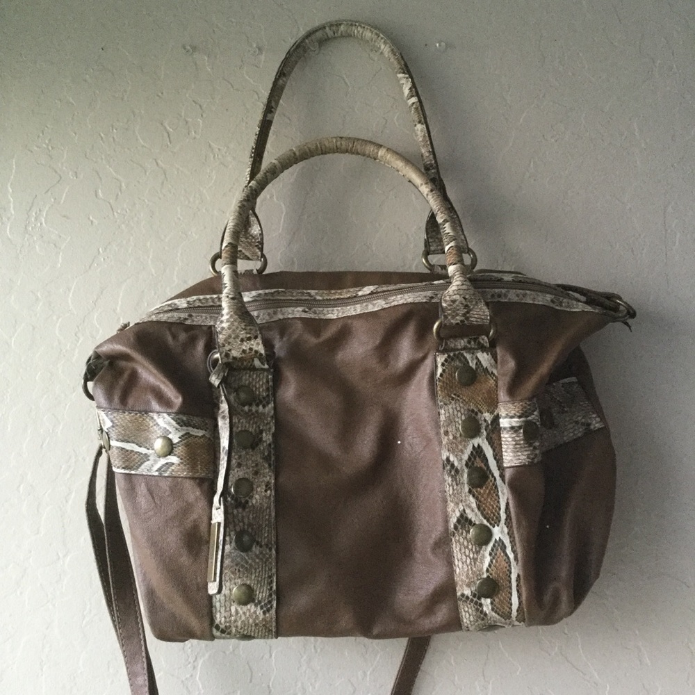 Brown and tan faux snakeskin shoulder bag